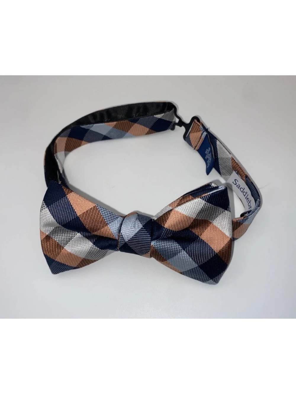 SADDLEBRED Silk Blend Bow Tie-Navy Blue/Peach/White Plaid-Adjustable-Pre-Tied